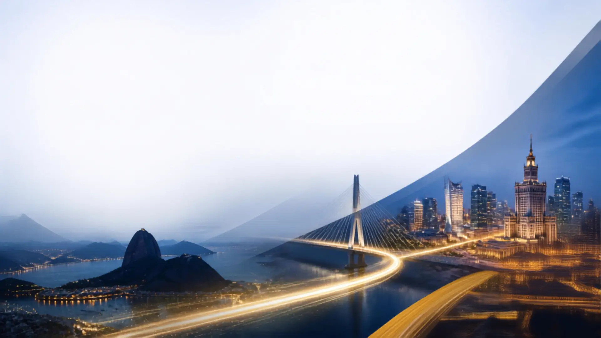 Rio de Janeiro and Warsaw skylines linked by a cable-stayed bridge at dusk